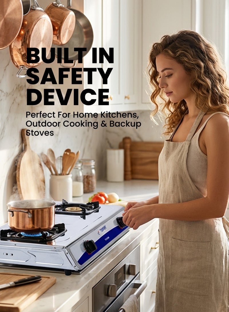 TEAM Double Burner Gas Cooker with Safety Device – Auto Ignition System, Stainless Steel Body, Whirlwind Focus Flame, High Heat Efficiency, Portable 2 Burner Gas Stove for Home & Outdoor Cooking - Image 2